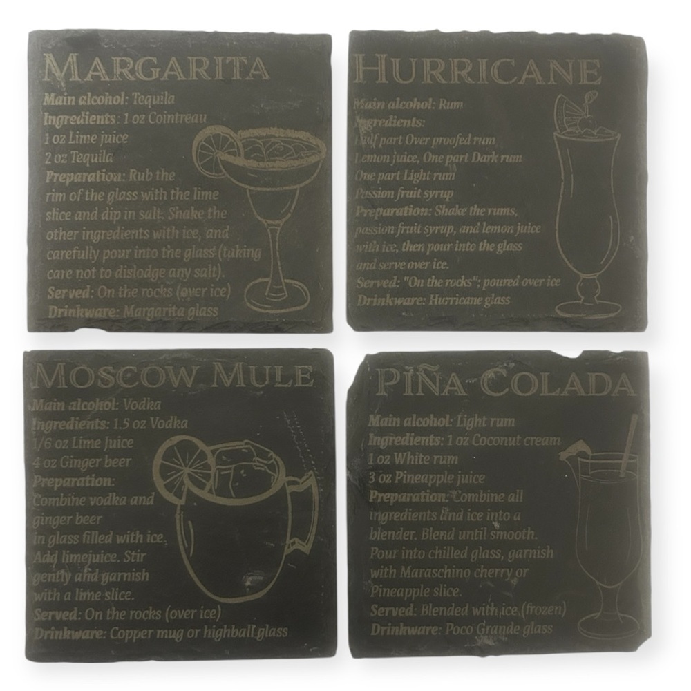 Slate Coaster Set with Engraved Cocktail Recipes